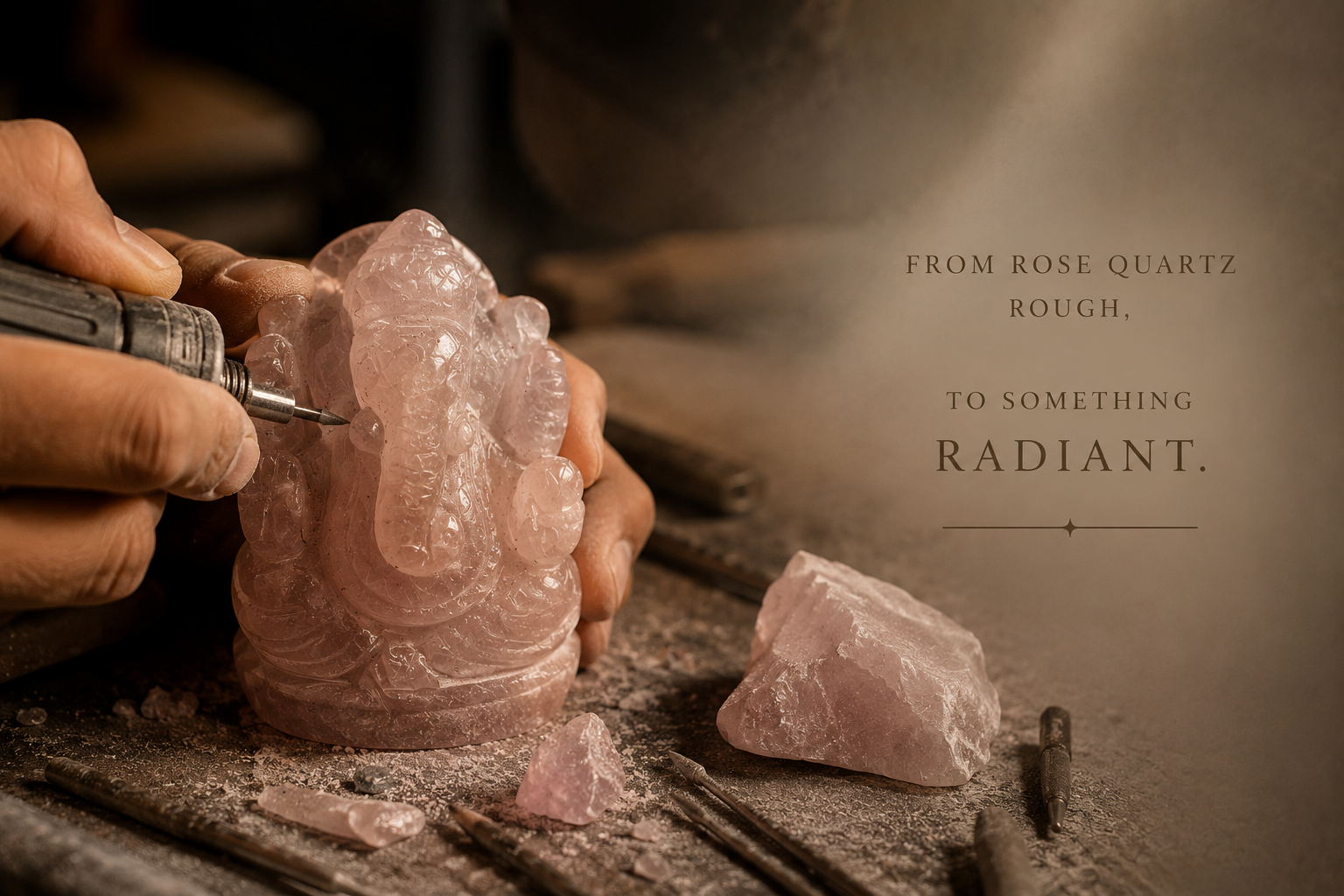 A close-up of hands carving a pale pink rose quartz statue with a rotary tool, with the text 'FROM ROSE QUARTZ ROUGH. TO SOMETHING RADIANT.